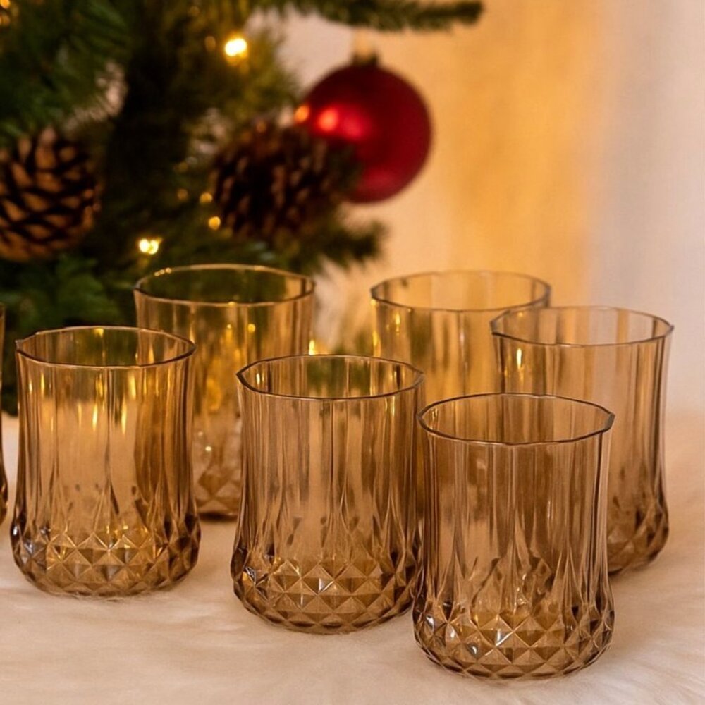 Amber Diamond Cut Plastic Drinkware Set of 6 Whiskey Cocktail Glass Holiday Part